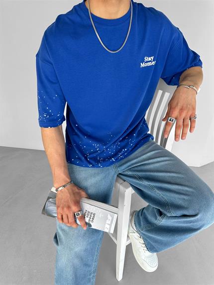 Erkek Oversize Dokulu Baskılı %100 Pamuk T-Shirt Lacivert