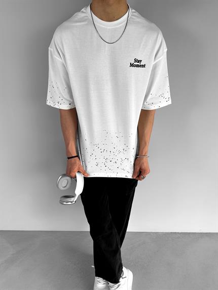 Erkek Oversize Dokulu Baskılı %100 Pamuk T-Shirt Beyaz