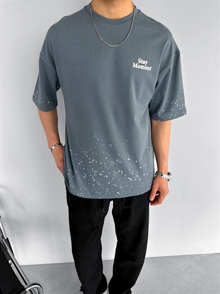 Erkek Oversize Dokulu Baskılı %100 Pamuk T-Shirt Gri