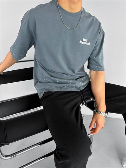 Erkek Oversize Dokulu Baskılı %100 Pamuk T-Shirt Gri