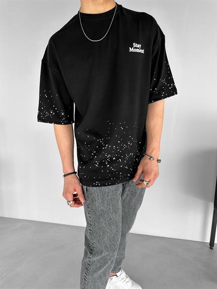 Erkek Oversize Dokulu Baskılı %100 Pamuk T-Shirt Siyah