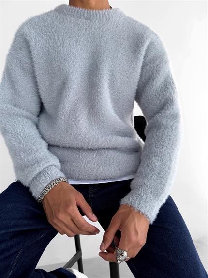 Erkek Oversize Dokulu Kazak Gri