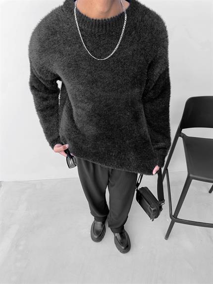 Erkek Oversize Dokulu Kazak Siyah