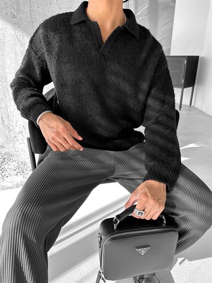 Erkek Oversize Dokulu Kazak Siyah