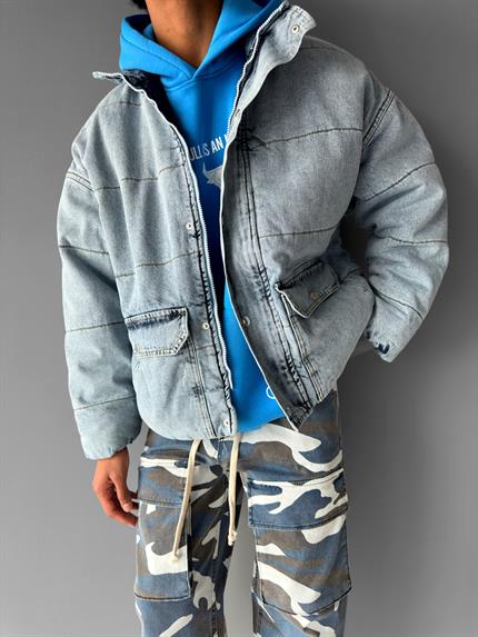 Erkek Oversize Dolgulu Denim Mont Buz Mavi