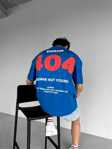 Erkek Oversize Error 404 Baskılı İki İplik T-Shirt Mavi