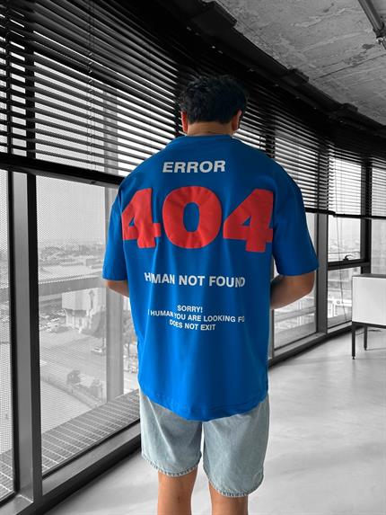 Erkek Oversize Error 404 Baskılı İki İplik T-Shirt Mavi