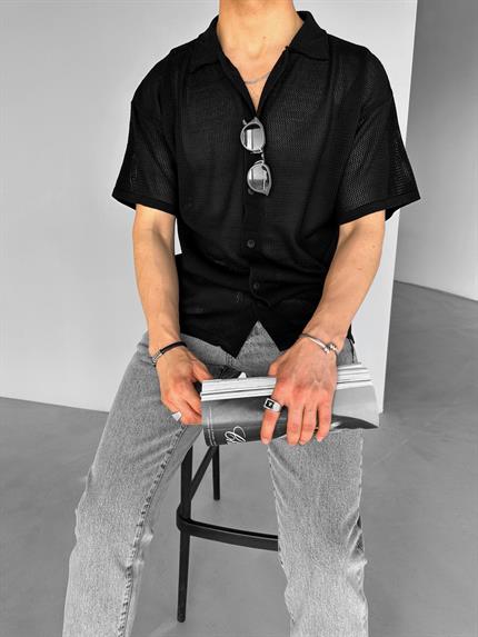 Erkek Oversize İnce Triko Gömlek Siyah