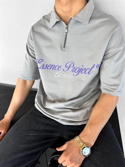 Erkek Oversize Fermuarlı Polo Yaka Baskılı T-Shirt Açık Gri