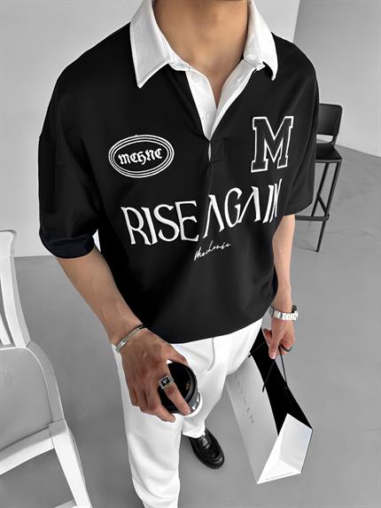 Erkek Oversize Fit Esnek 3 Düğmeli Polo Yaka Nakışlı T-Shirt Siyah