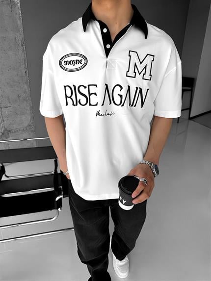 Erkek Oversize Fit Esnek 3 Düğmeli Polo Yaka Nakışlı T-Shirt Beyaz