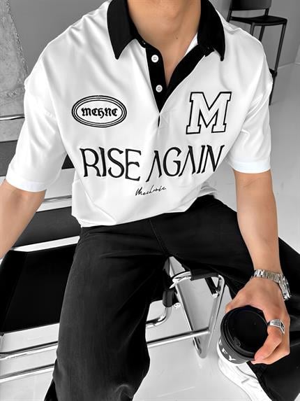 Erkek Oversize Fit Esnek 3 Düğmeli Polo Yaka Nakışlı T-Shirt Beyaz