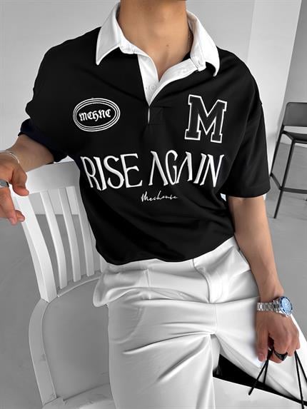 Erkek Oversize Fit Esnek 3 Düğmeli Polo Yaka Nakışlı T-Shirt Siyah
