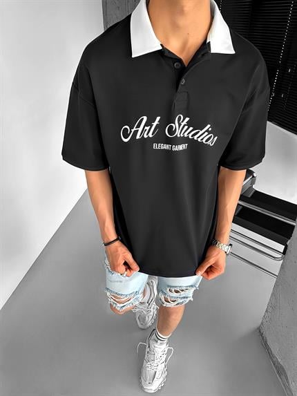 Erkek Oversize Fit Esnek 3 Düğmeli Polo Yaka Pamuklu T-Shirt Siyah