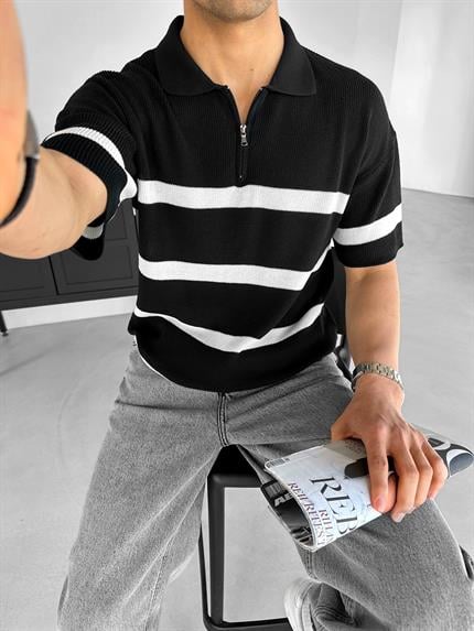 Erkek Oversize Örme Triko Polo Yaka T-Shirt Siyah