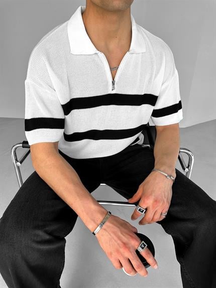 Erkek Oversize Örme Triko Polo Yaka T-Shirt Ekru