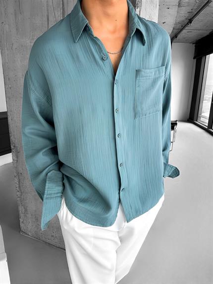 Erkek Oversize Fit Uzun Kollu Müslin Gömlek Mint