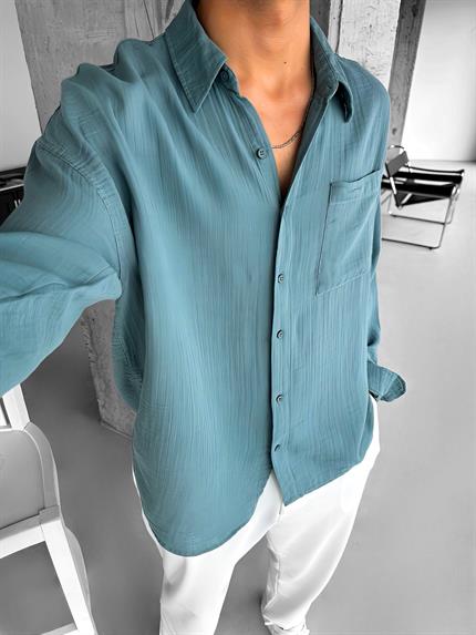 Erkek Oversize Fit Uzun Kollu Müslin Gömlek Mint