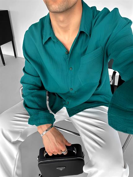 Erkek Oversize Fit Uzun Kollu Müslin Gömlek Koyu Yeşil