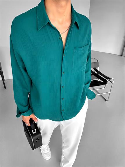 Erkek Oversize Fit Uzun Kollu Müslin Gömlek Koyu Yeşil