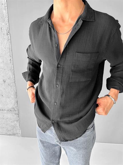 Erkek Oversize Fit Uzun Kollu Müslin Gömlek Siyah