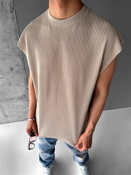 Erkek Oversize Fitilli Kolsuz T-Shirt Bej