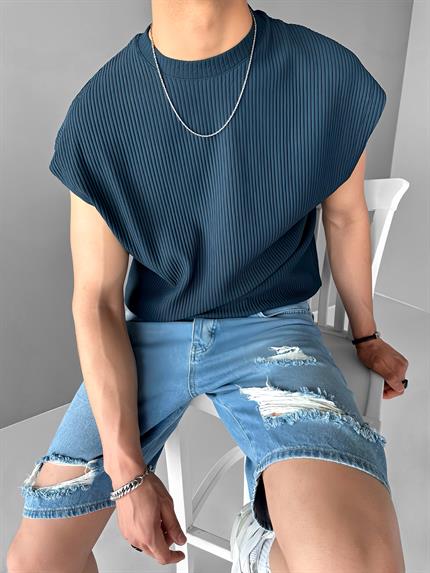 Erkek Oversize Fitilli Kolsuz T-Shirt Petrol Mavi