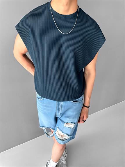 Erkek Oversize Fitilli Kolsuz T-Shirt Petrol Mavi