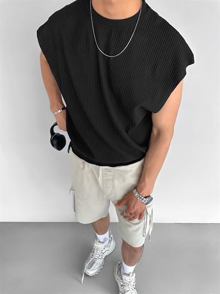 Erkek Oversize Fitilli Kolsuz T-Shirt Siyah