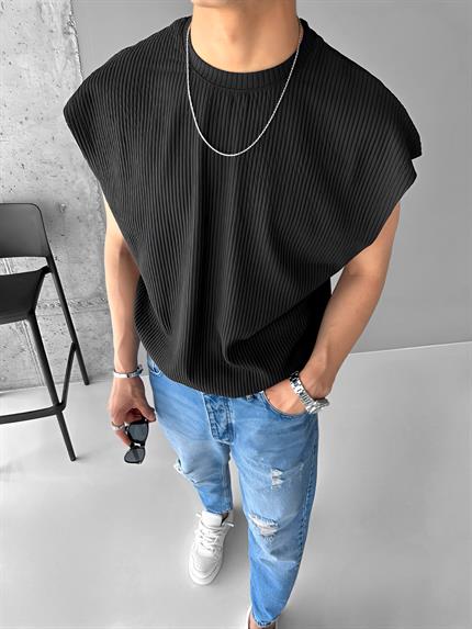 Erkek Oversize Fitilli Kolsuz T-Shirt Siyah