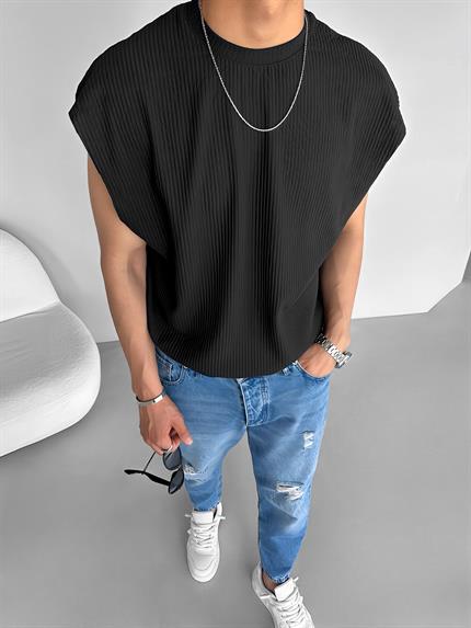 Erkek Oversize Fitilli Kolsuz T-Shirt Siyah