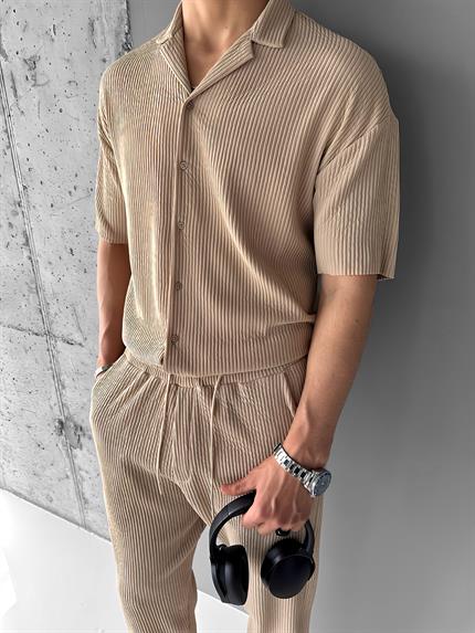 Erkek Oversize Fitilli Küba Yaka Gömlek Bej