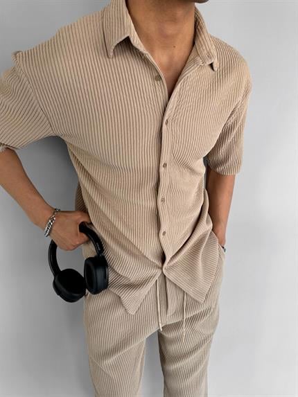 Erkek Oversize Fitilli Küba Yaka Gömlek Bej