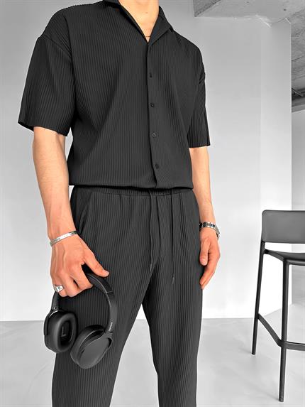 Erkek Oversize Fitilli Küba Yaka Gömlek Siyah