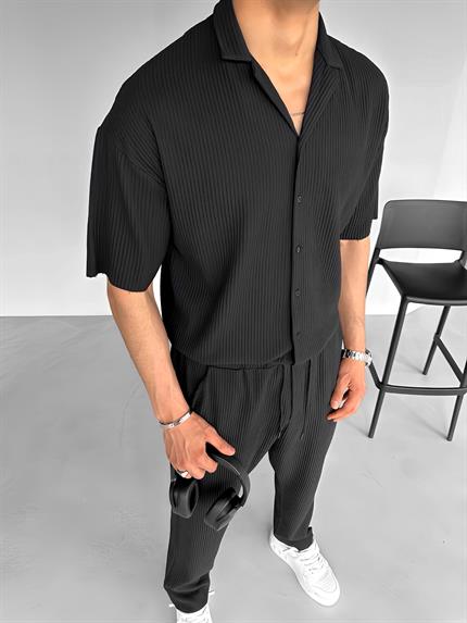 Erkek Oversize Fitilli Küba Yaka Gömlek Siyah