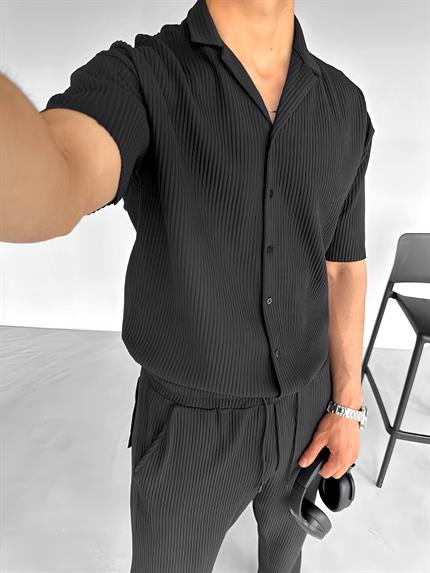 Erkek Oversize Fitilli Küba Yaka Gömlek Siyah