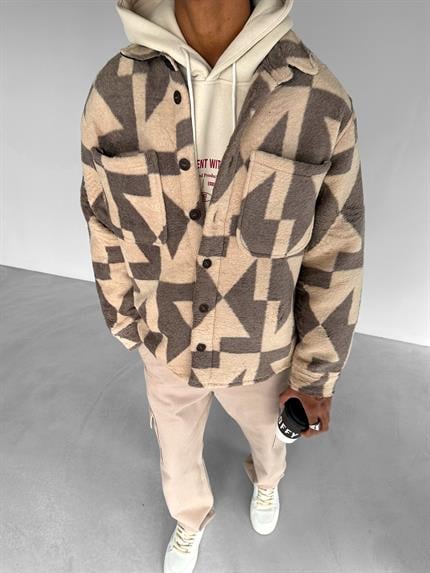 Erkek Oversize Geometrik Desenli Yünlü Ceket Kahverengi