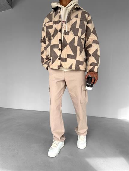 Erkek Oversize Geometrik Desenli Yünlü Ceket Kahverengi