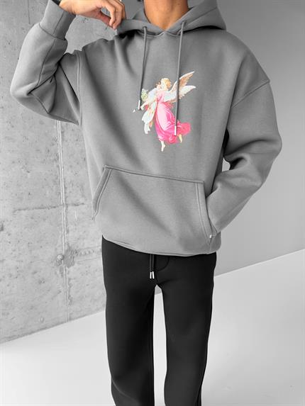 Unisex Oversize Hero Angel Grafik Baskılı Kapüşonlu Sweatshirt Gri