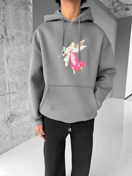 Unisex Oversize Hero Angel Grafik Baskılı Kapüşonlu Sweatshirt Gri
