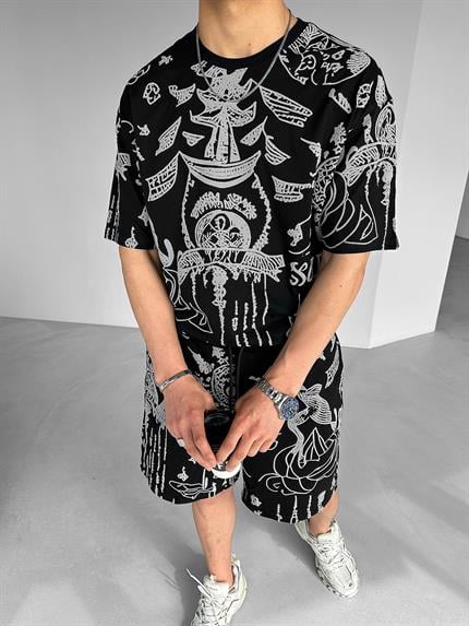 Erkek Oversize Kabartmalı Etnik Baskılı T-Shirt Siyah