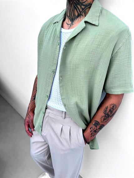 Erkek Oversize Keten Gömlek Haki Yeşil