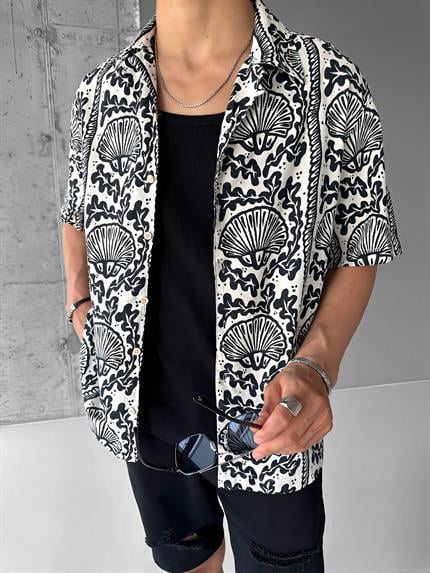 Erkek Oversize Keten Görünümlü Desenli Gömlek Siyah
