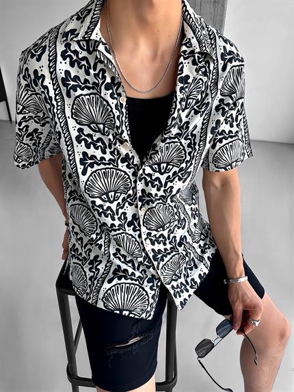 Erkek Oversize Keten Görünümlü Desenli Gömlek Siyah