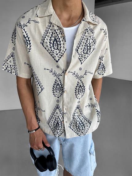 Erkek Oversize Keten Görünümlü Desenli Gömlek Krem