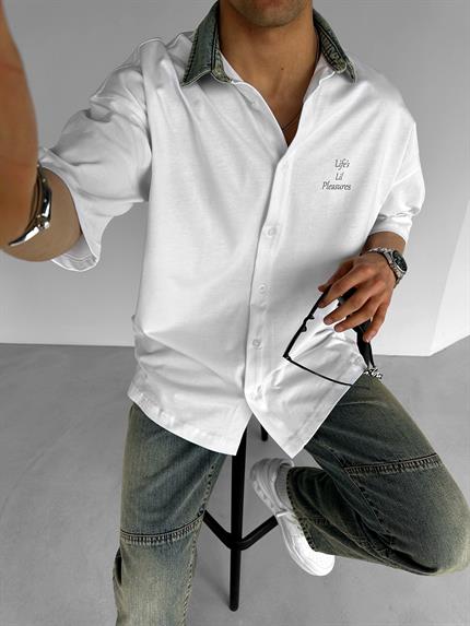 Erkek Oversize Kot Yakalı Baskılı Gömlek Beyaz