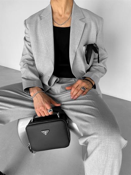 Erkek Oversize Rahat Kalıp Kruvaze Takım Elbise Gri