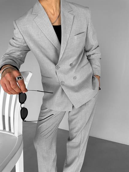 Erkek Oversize Rahat Kalıp Kruvaze Takım Elbise Gri