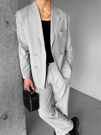 Erkek Oversize Rahat Kalıp Kruvaze Takım Elbise Gri