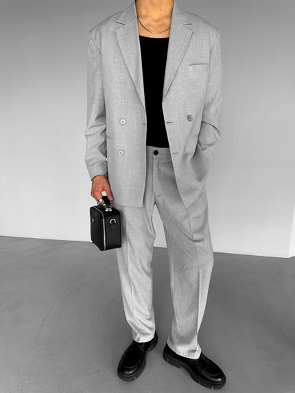 Erkek Oversize Rahat Kalıp Kruvaze Takım Elbise Gri